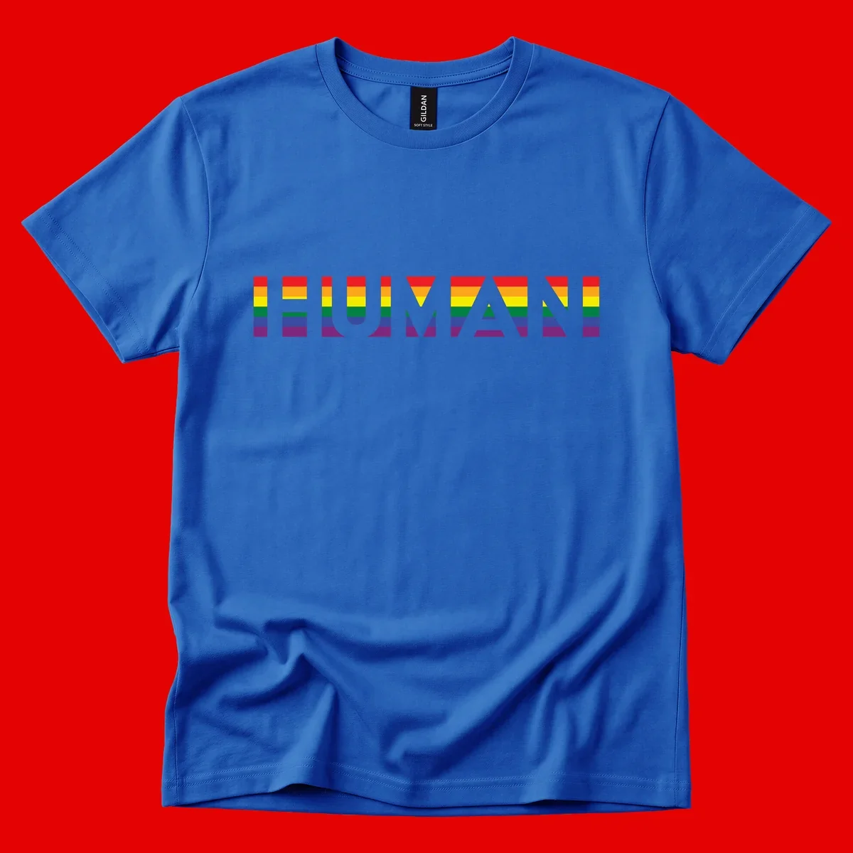 Rainbow pride letters in red, orange, yellow, green, blue, and purple stripes on gray background