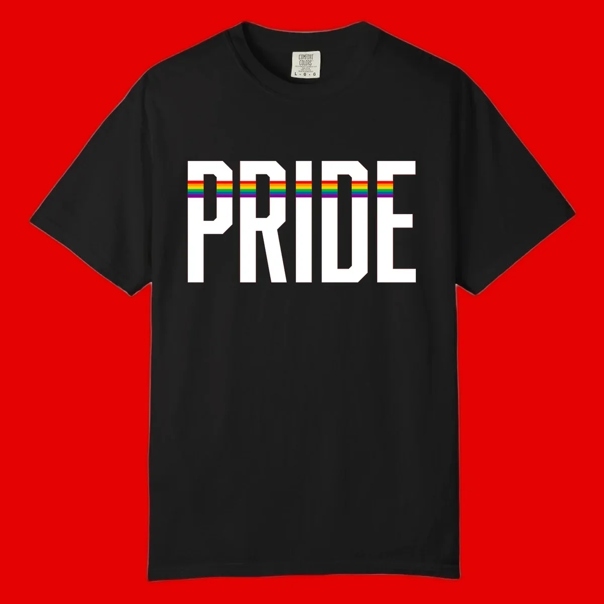 The word PRIDE in large 3D gray block letters with horizontal rainbow pride flag stripes running through the center of each letter against a white background.