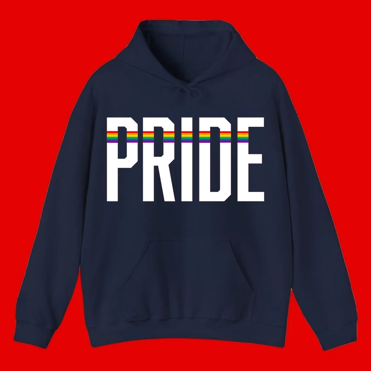 The word PRIDE in large 3D gray block letters with horizontal rainbow pride flag stripes running through the center of each letter against a white background.