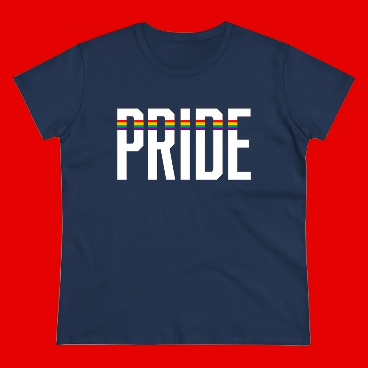 The word PRIDE in large 3D gray block letters with horizontal rainbow pride flag stripes running through the center of each letter against a white background.