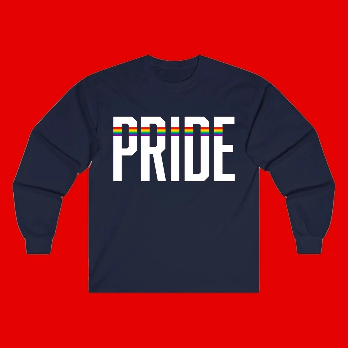 The word PRIDE in large 3D gray block letters with horizontal rainbow pride flag stripes running through the center of each letter against a white background.