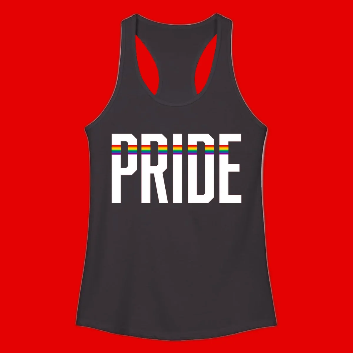 The word PRIDE in large 3D gray block letters with horizontal rainbow pride flag stripes running through the center of each letter against a white background.