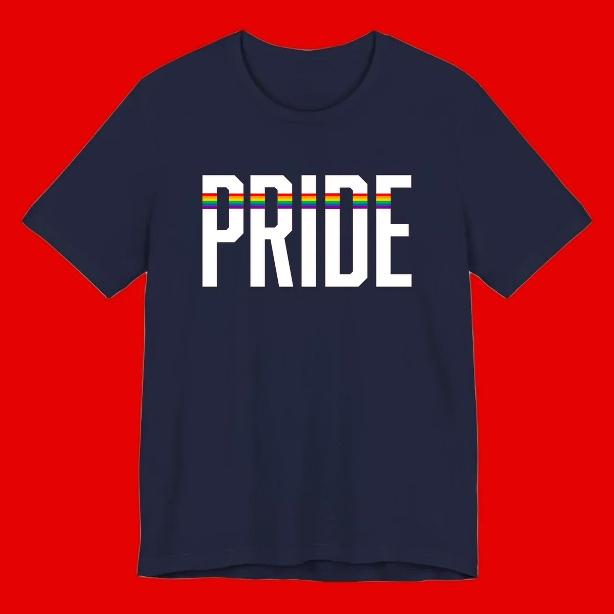 The word PRIDE in large 3D gray block letters with horizontal rainbow pride flag stripes running through the center of each letter against a white background.