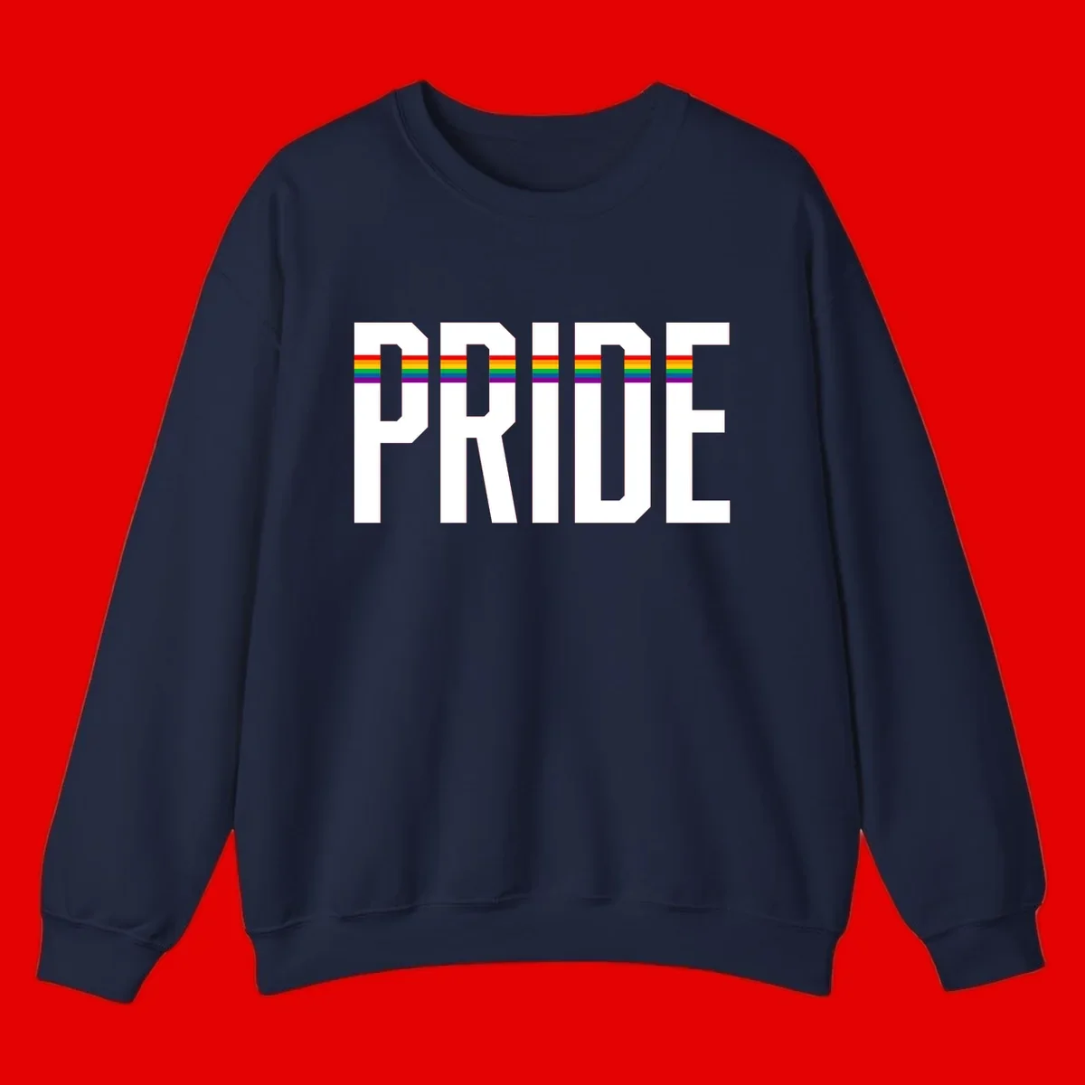 The word PRIDE in large 3D gray block letters with horizontal rainbow pride flag stripes running through the center of each letter against a white background.