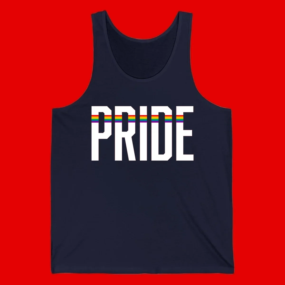 The word PRIDE in large 3D gray block letters with horizontal rainbow pride flag stripes running through the center of each letter against a white background.