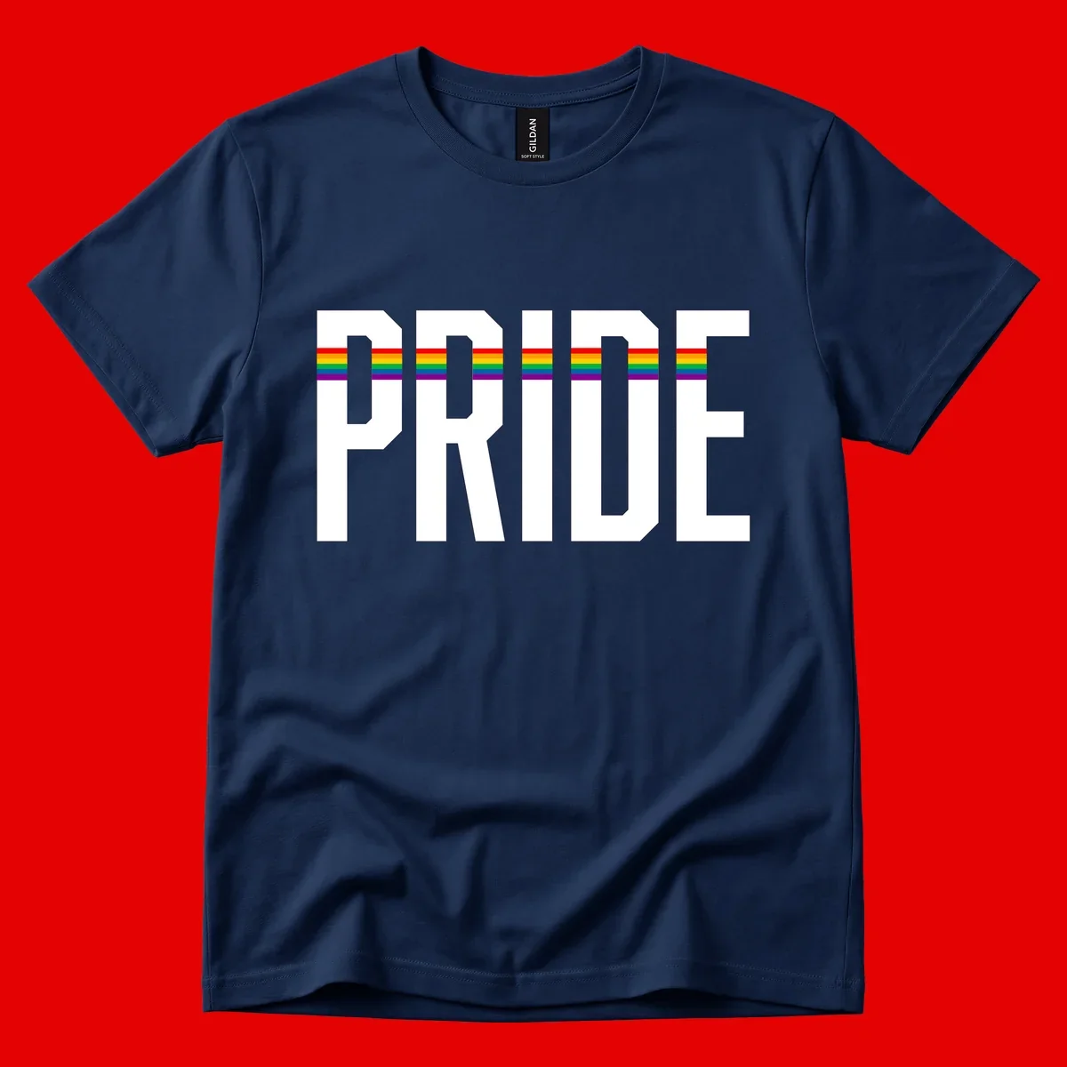 The word PRIDE in large 3D gray block letters with horizontal rainbow pride flag stripes running through the center of each letter against a white background.