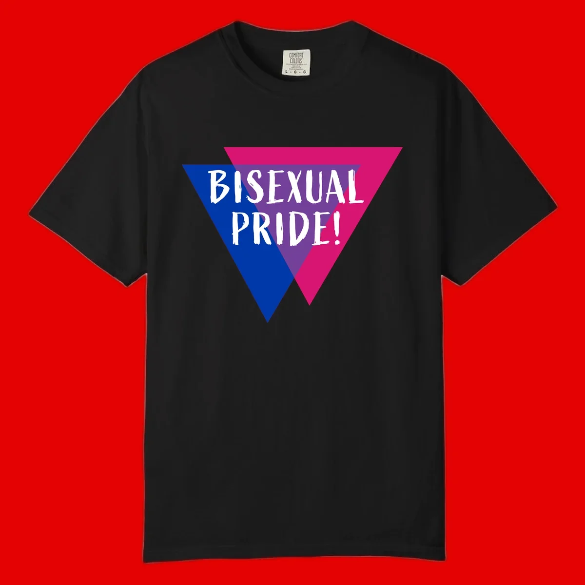 Bisexual pride flag triangle with blue, purple, and magenta sections and white text reading BISEXUAL PRIDE!