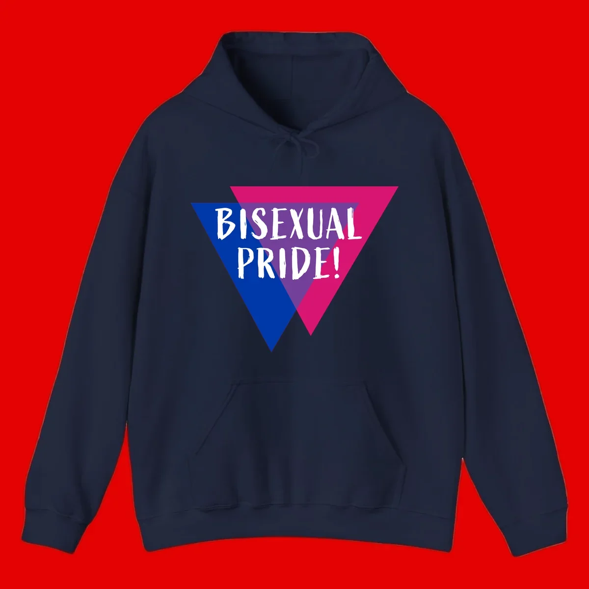 Bisexual pride flag triangle with blue, purple, and magenta sections and white text reading BISEXUAL PRIDE!