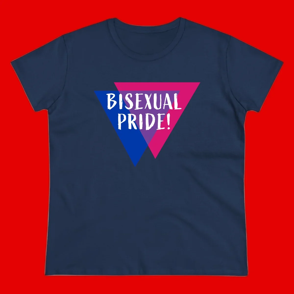 Bisexual pride flag triangle with blue, purple, and magenta sections and white text reading BISEXUAL PRIDE!