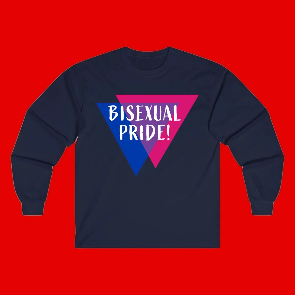 Bisexual pride flag triangle with blue, purple, and magenta sections and white text reading BISEXUAL PRIDE!