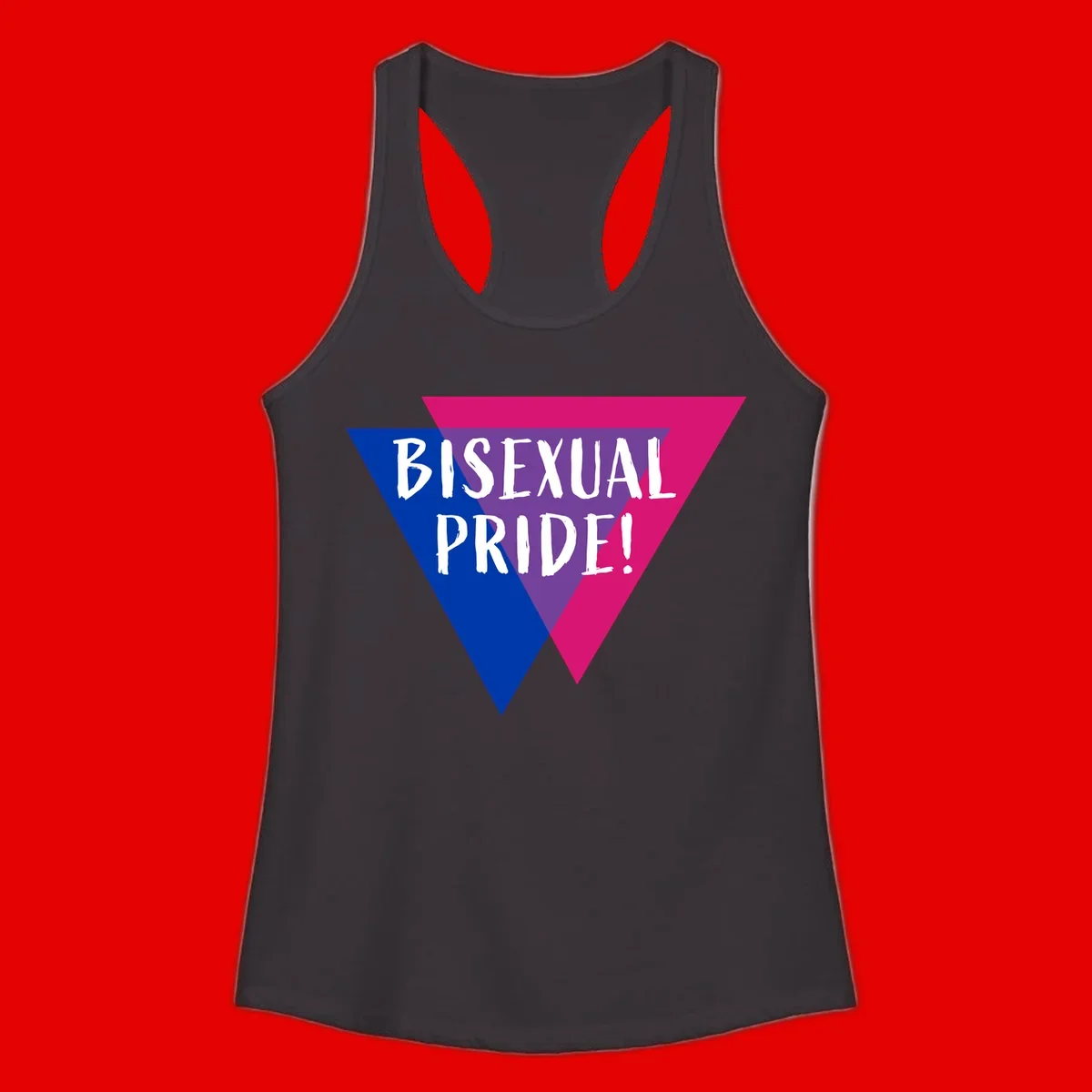 Bisexual pride flag triangle with blue, purple, and magenta sections and white text reading BISEXUAL PRIDE!