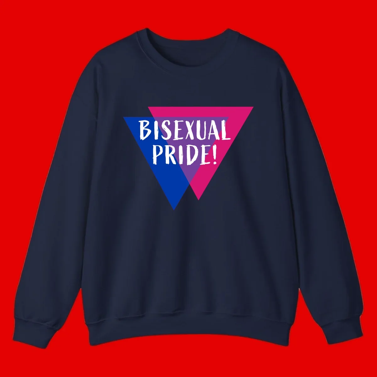 Bisexual pride flag triangle with blue, purple, and magenta sections and white text reading BISEXUAL PRIDE!
