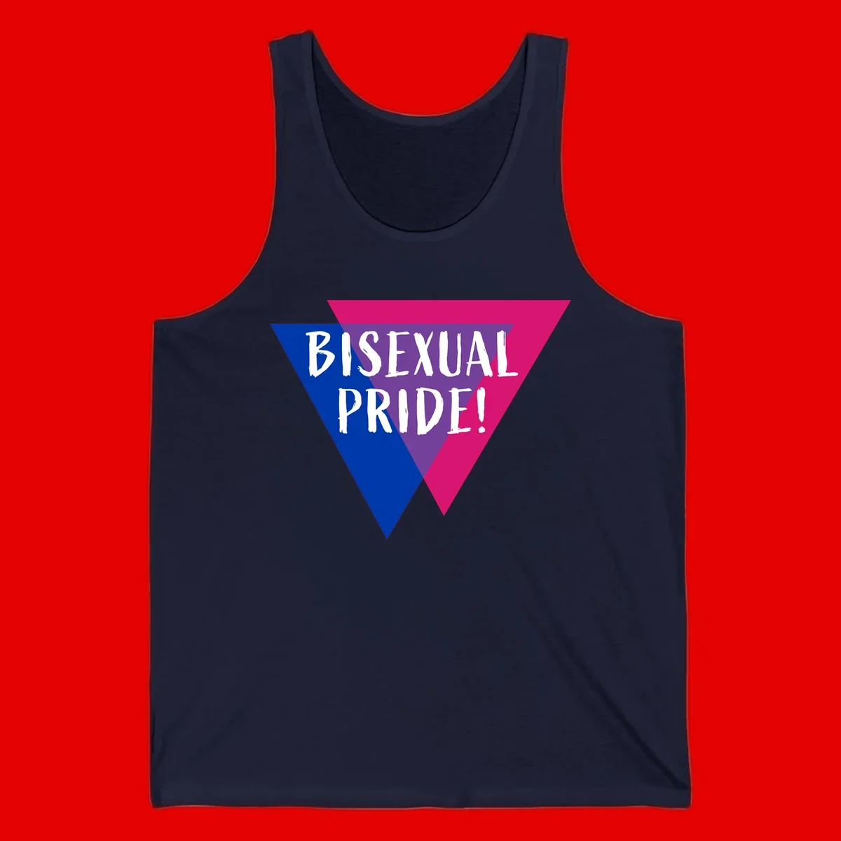 Bisexual pride flag triangle with blue, purple, and magenta sections and white text reading BISEXUAL PRIDE!