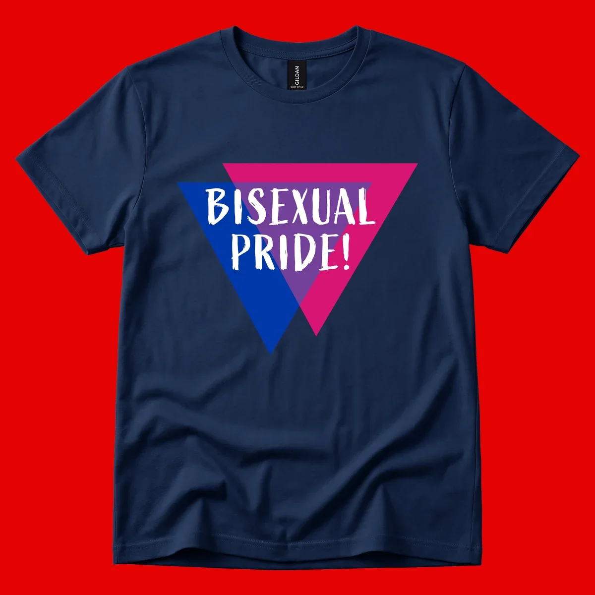 Bisexual pride flag triangle with blue, purple, and magenta sections and white text reading BISEXUAL PRIDE!