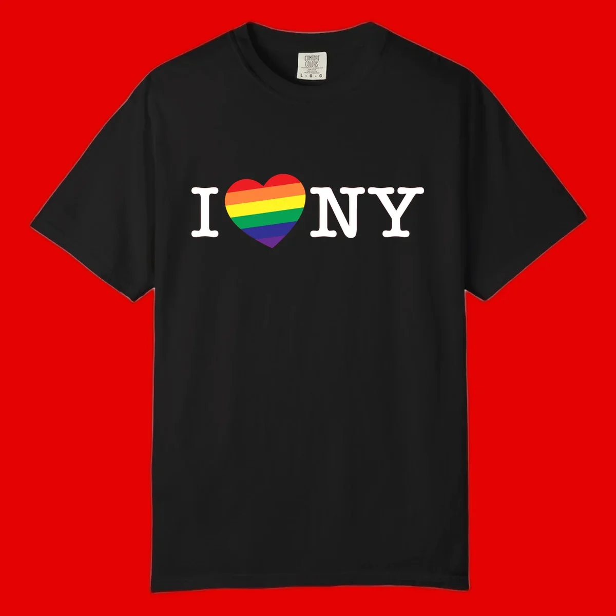 I Love New York Pride design with rainbow heart replacing the love symbol, featuring pride flag colors on gray background
