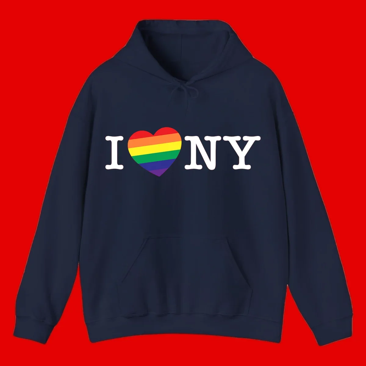 I Love New York Pride design with rainbow heart replacing the love symbol, featuring pride flag colors on gray background