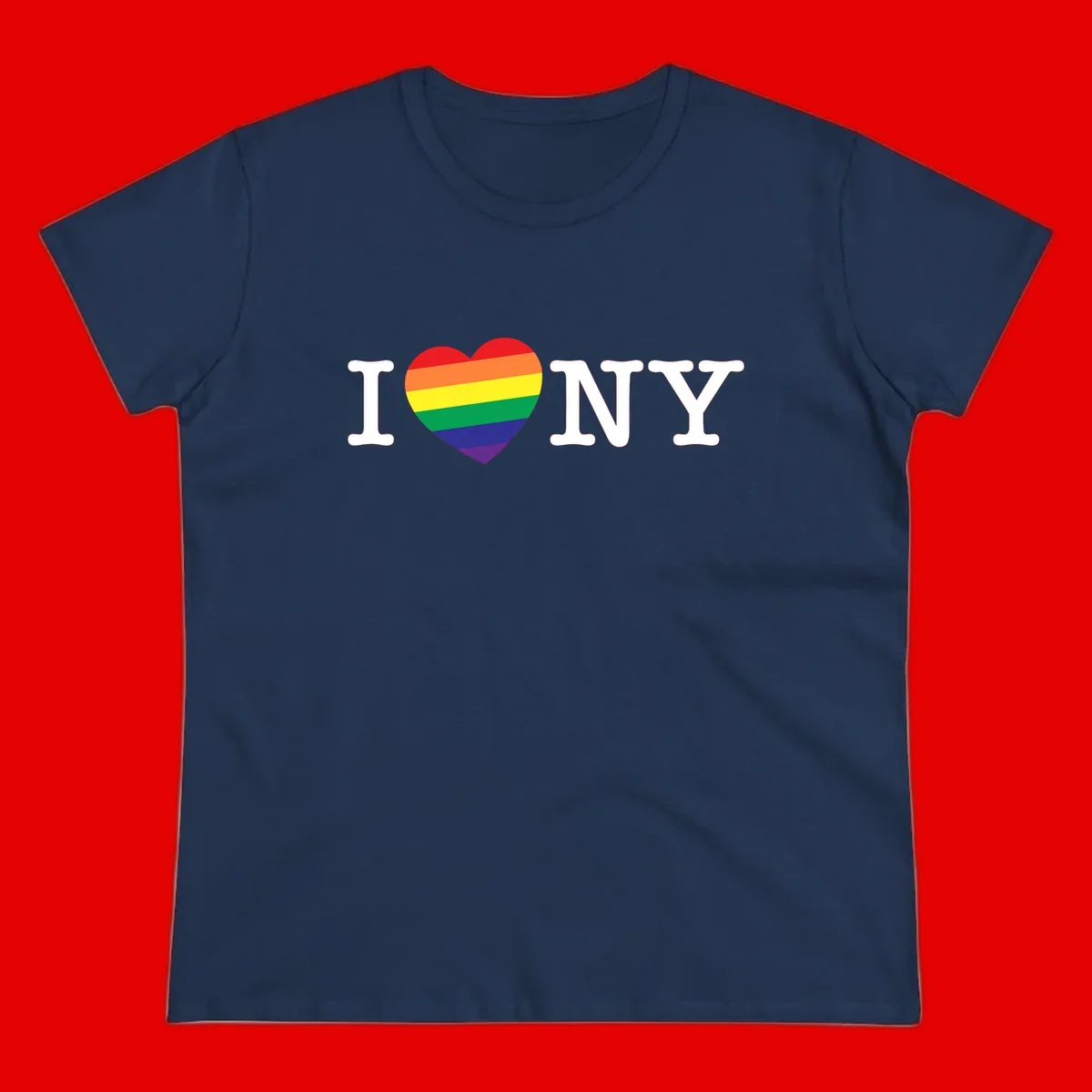 I Love New York Pride design with rainbow heart replacing the love symbol, featuring pride flag colors on gray background
