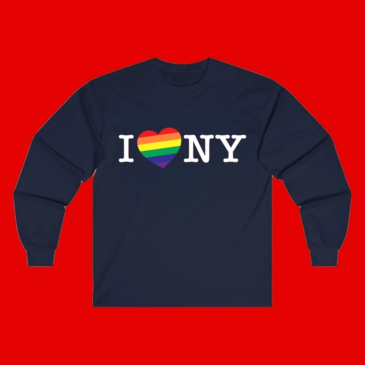 I Love New York Pride design with rainbow heart replacing the love symbol, featuring pride flag colors on gray background