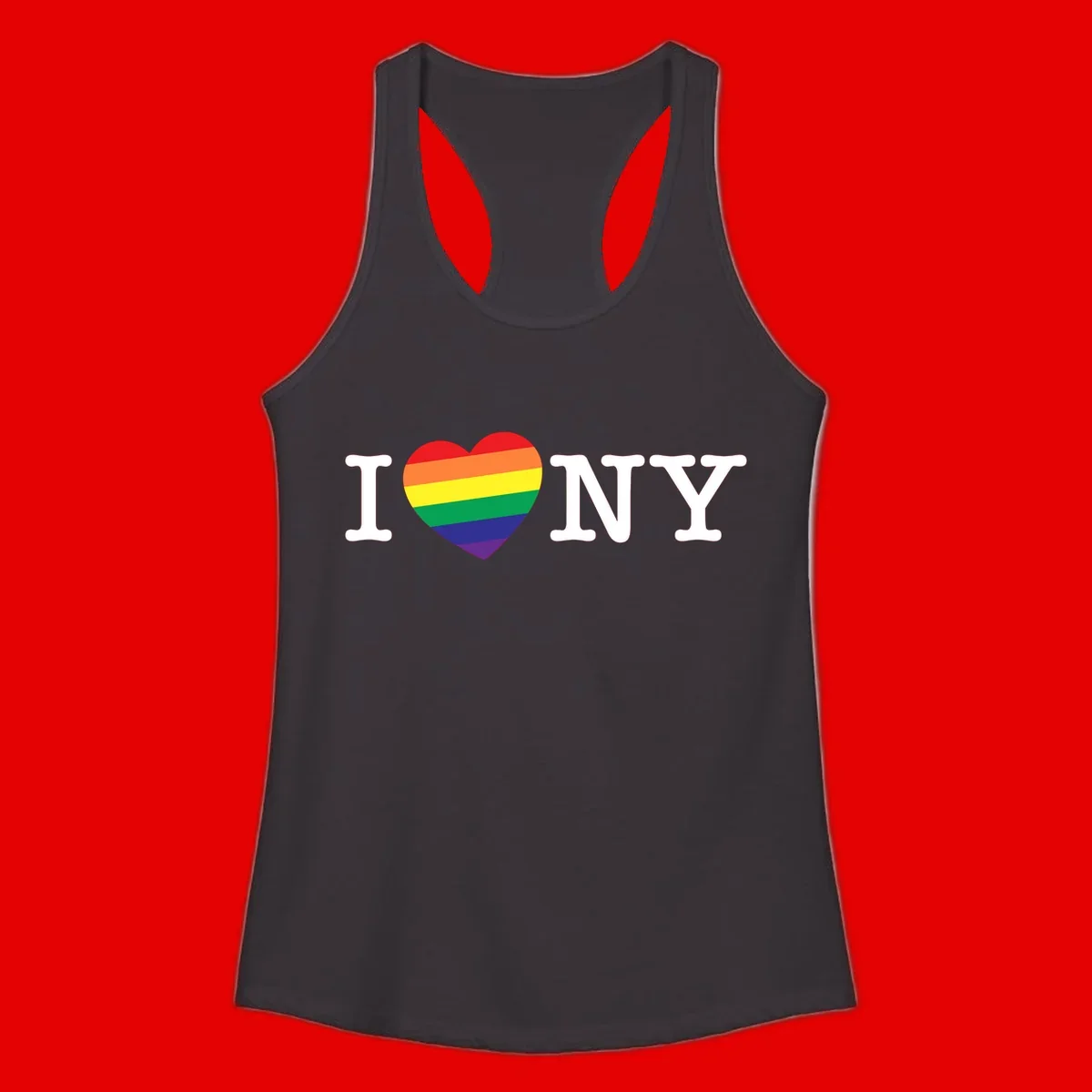 I Love New York Pride design with rainbow heart replacing the love symbol, featuring pride flag colors on gray background