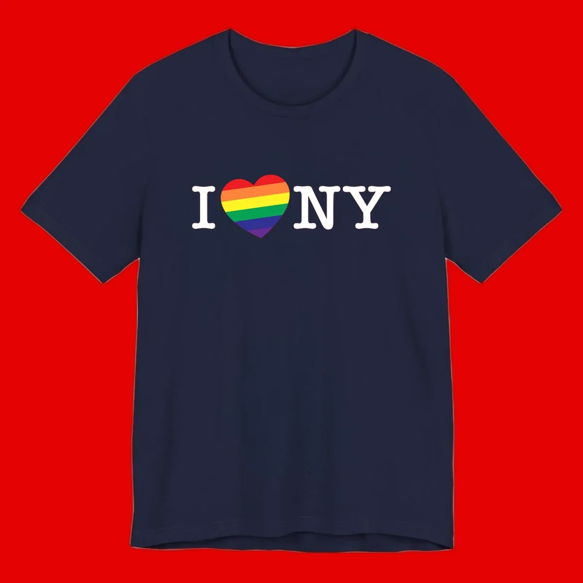 I Love New York Pride design with rainbow heart replacing the love symbol, featuring pride flag colors on gray background