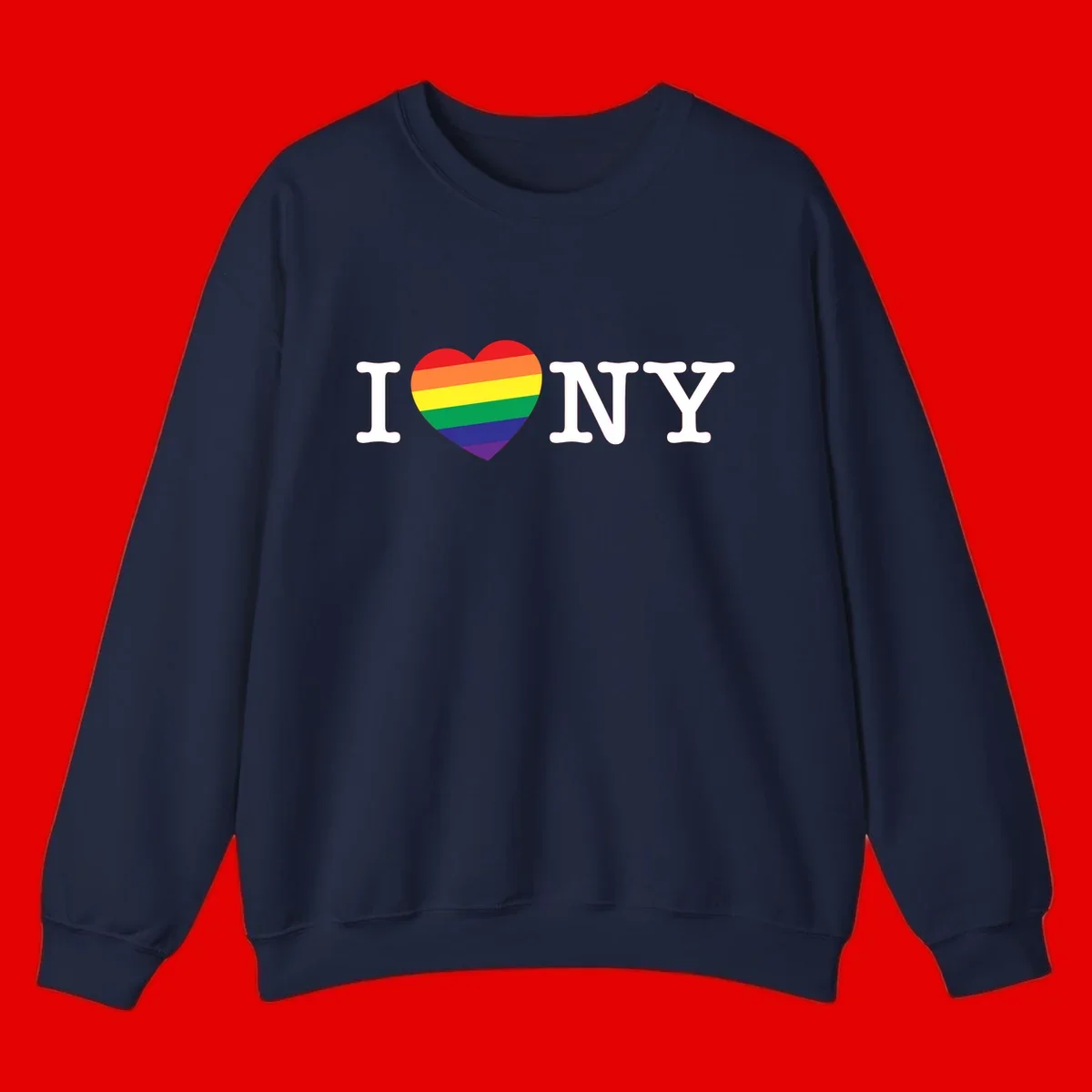 I Love New York Pride design with rainbow heart replacing the love symbol, featuring pride flag colors on gray background