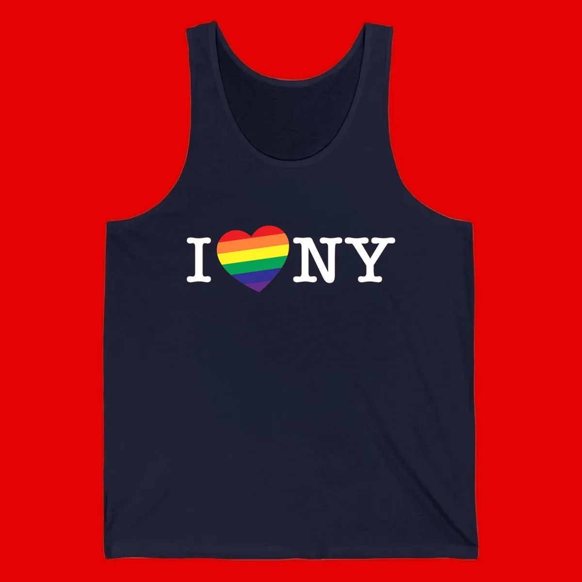 I Love New York Pride design with rainbow heart replacing the love symbol, featuring pride flag colors on gray background