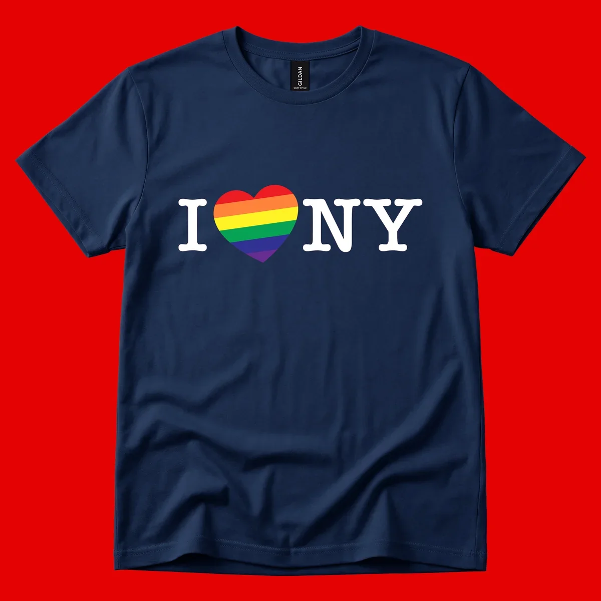 I Love New York Pride design with rainbow heart replacing the love symbol, featuring pride flag colors on gray background