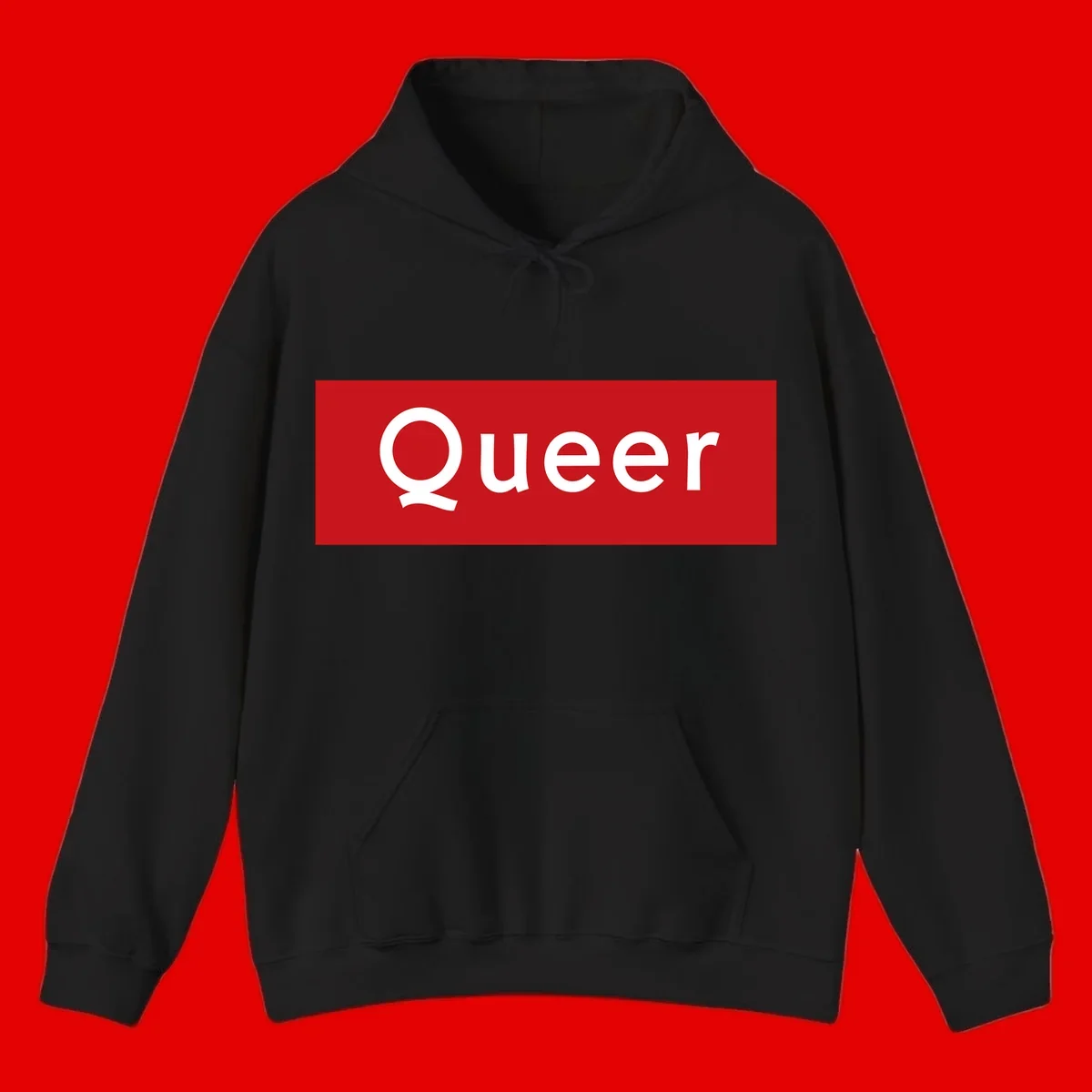 Bold white 'Queer' text on bright red background - a powerful queer pride statement design