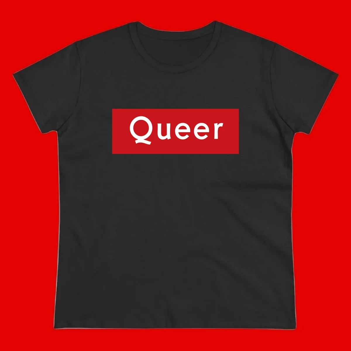 Bold white 'Queer' text on bright red background - a powerful queer pride statement design