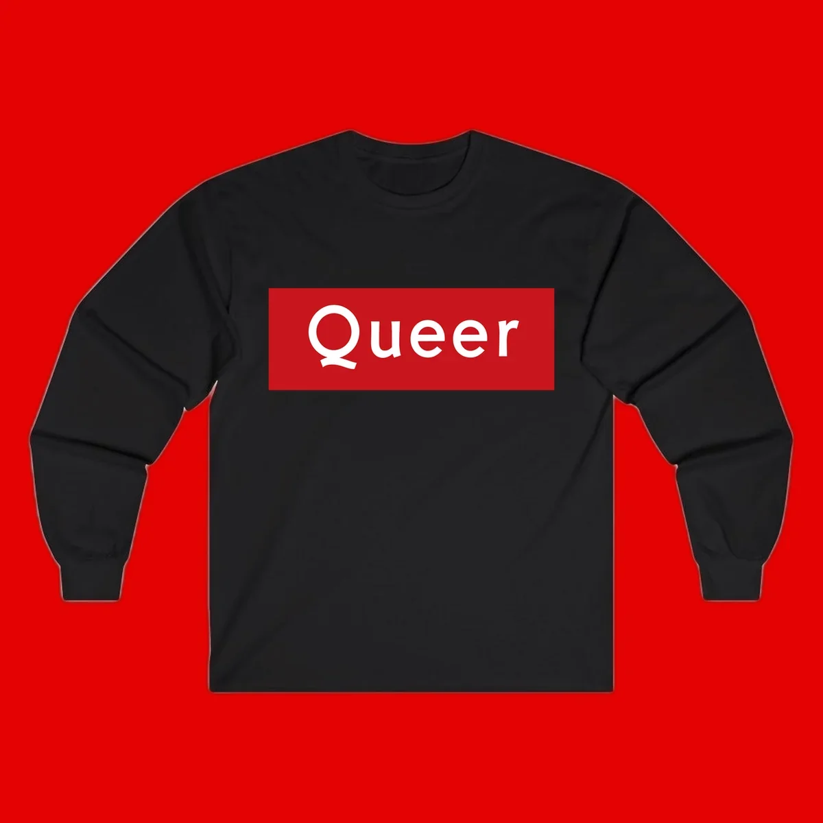Bold white 'Queer' text on bright red background - a powerful queer pride statement design