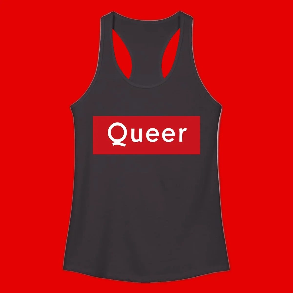 Bold white 'Queer' text on bright red background - a powerful queer pride statement design
