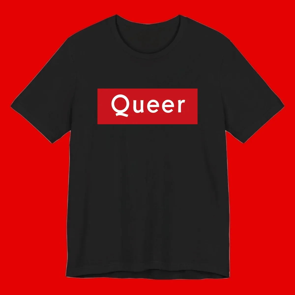 Bold white 'Queer' text on bright red background - a powerful queer pride statement design