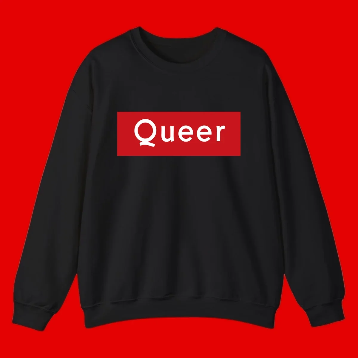 Bold white 'Queer' text on bright red background - a powerful queer pride statement design