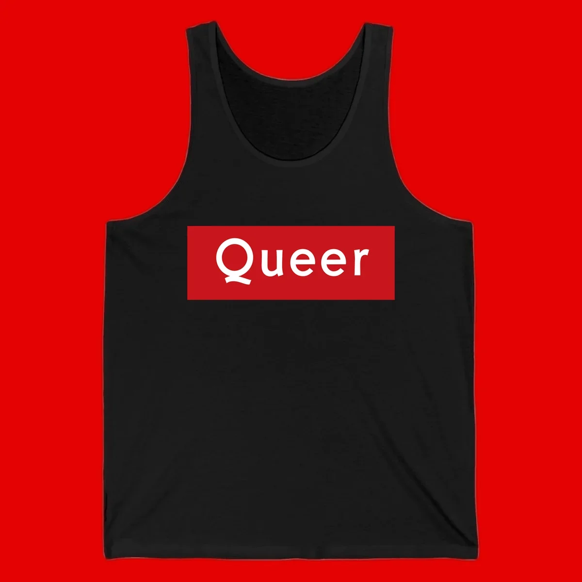 Bold white 'Queer' text on bright red background - a powerful queer pride statement design