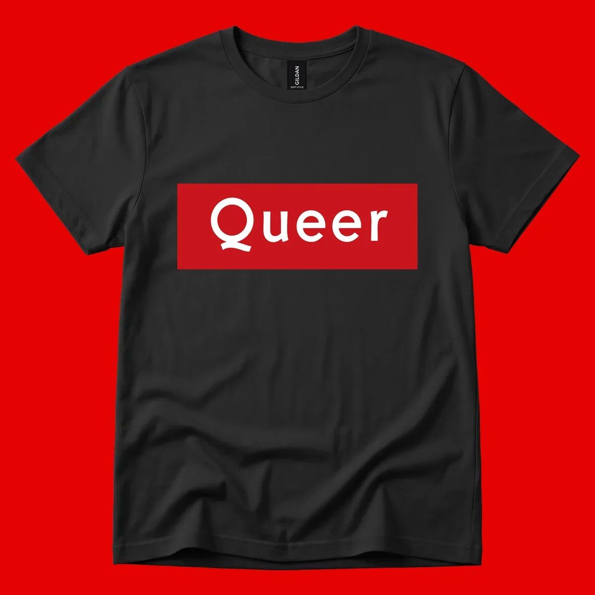 Bold white 'Queer' text on bright red background - a powerful queer pride statement design