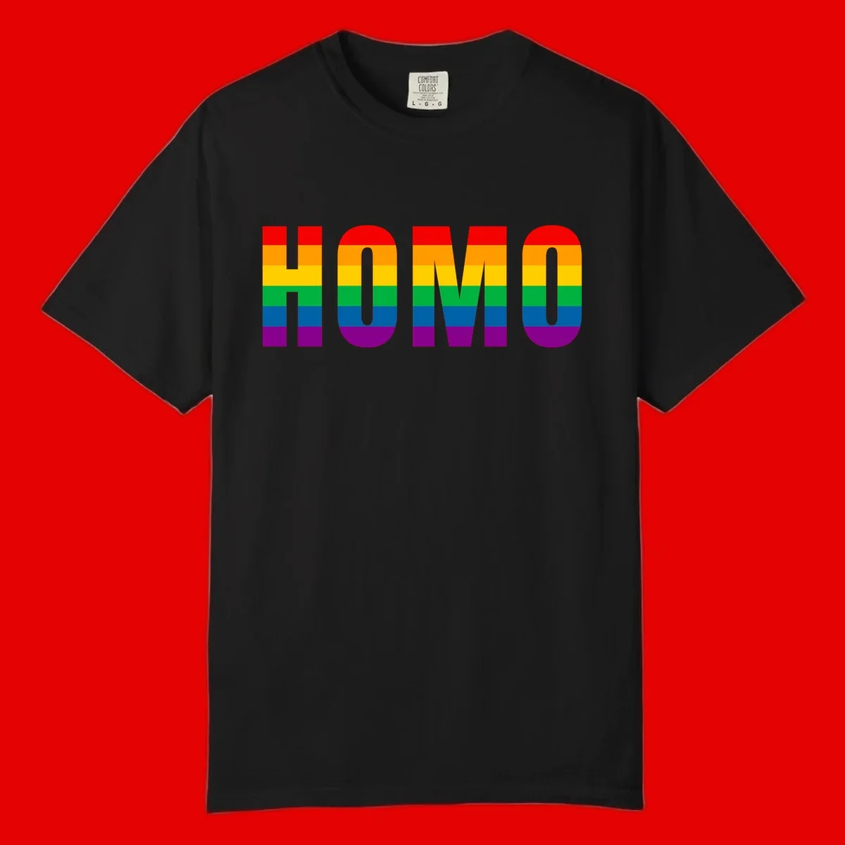 Love is love rainbow pride design with letters filled in rainbow flag stripes against gray background
