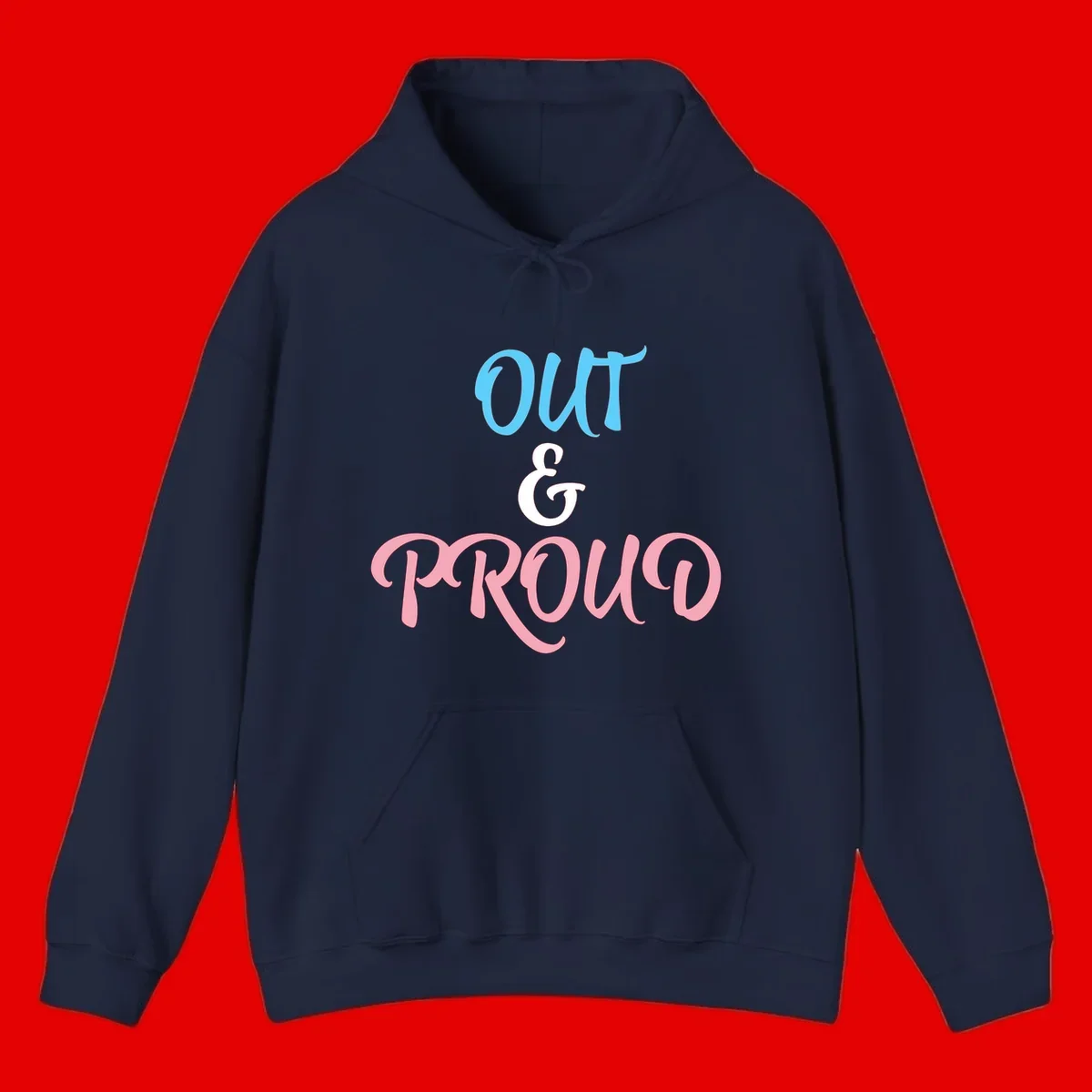 Out and proud pride design with blue 'OUT' text, white ampersand, and pink 'PROUD' lettering on gray background