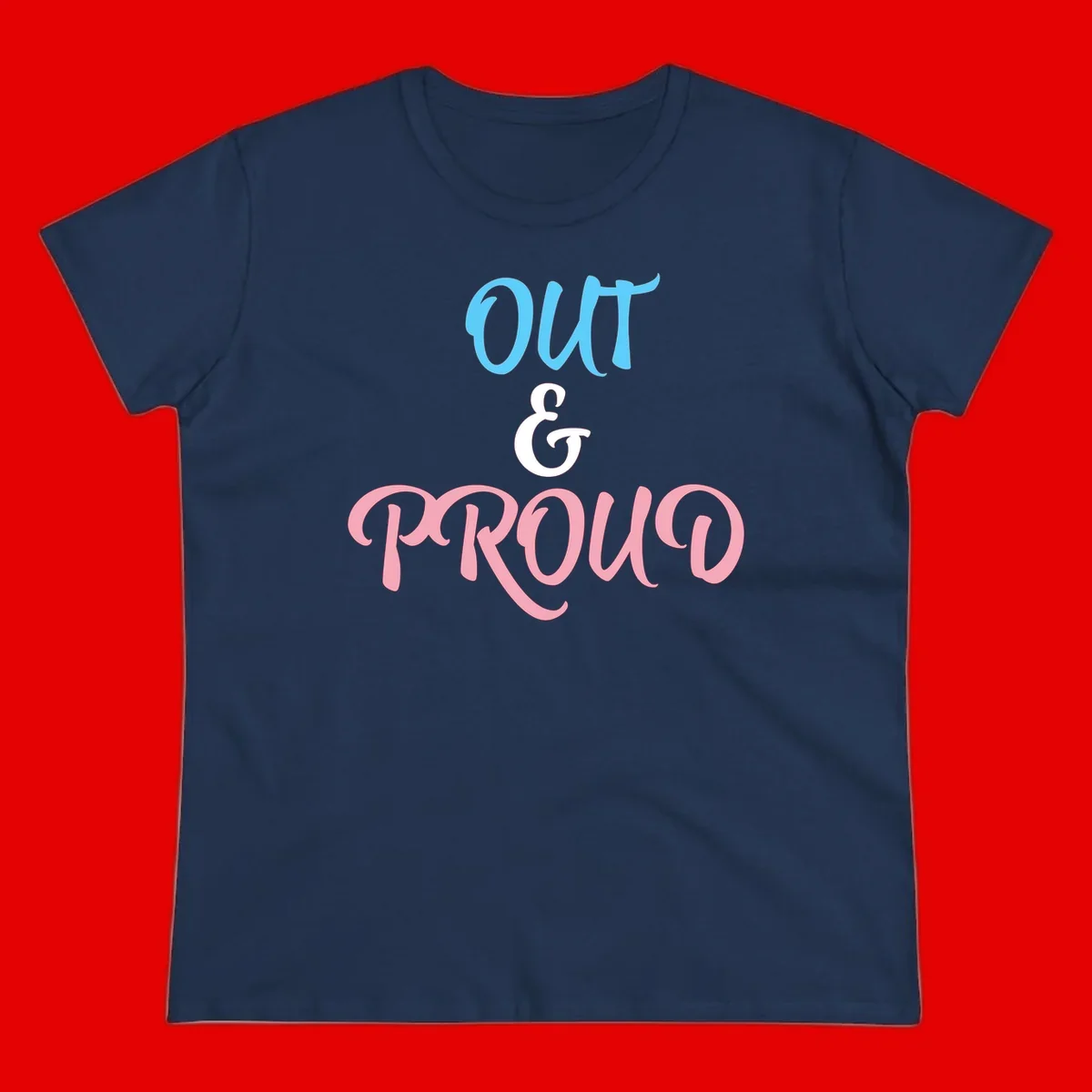 Out and proud pride design with blue 'OUT' text, white ampersand, and pink 'PROUD' lettering on gray background