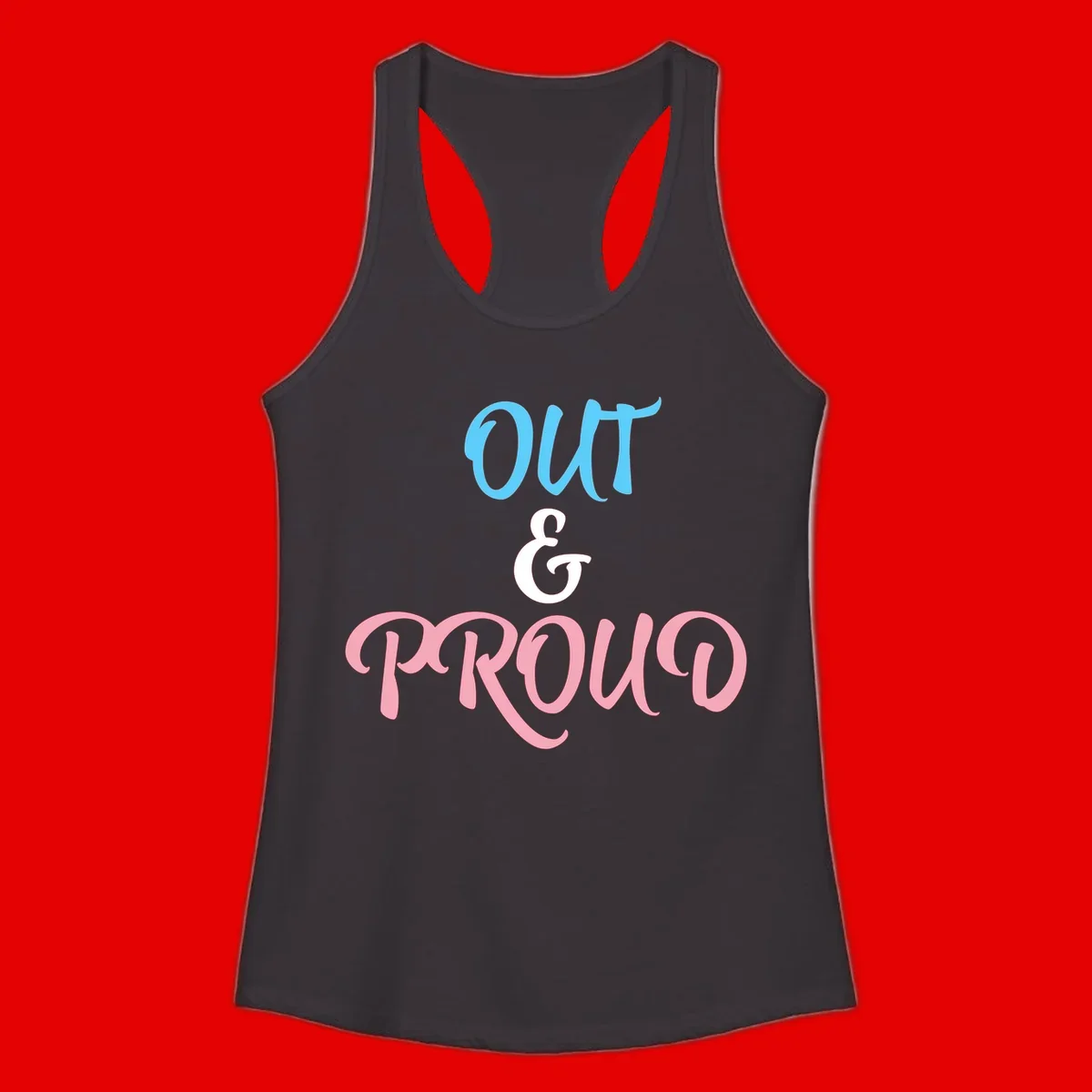 Out and proud pride design with blue 'OUT' text, white ampersand, and pink 'PROUD' lettering on gray background