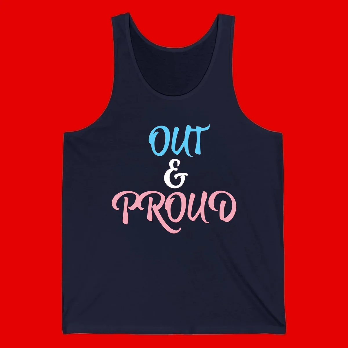 Out and proud pride design with blue 'OUT' text, white ampersand, and pink 'PROUD' lettering on gray background