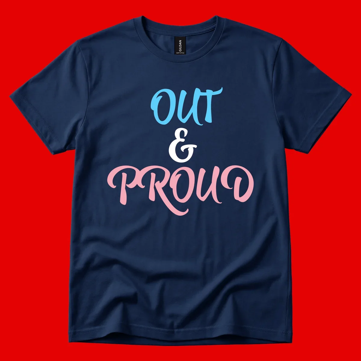 Out and proud pride design with blue 'OUT' text, white ampersand, and pink 'PROUD' lettering on gray background