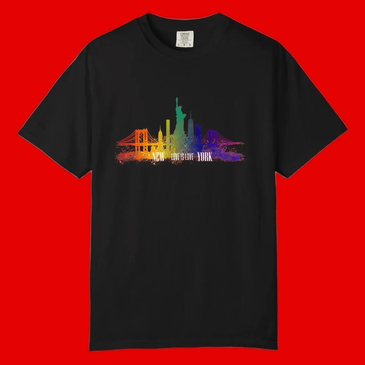 New York skyline with iconic landmarks rendered in rainbow watercolor gradients, featuring 'NEW LOVE IS LOVE YORK' text celebrating LGBTQ+ pride.