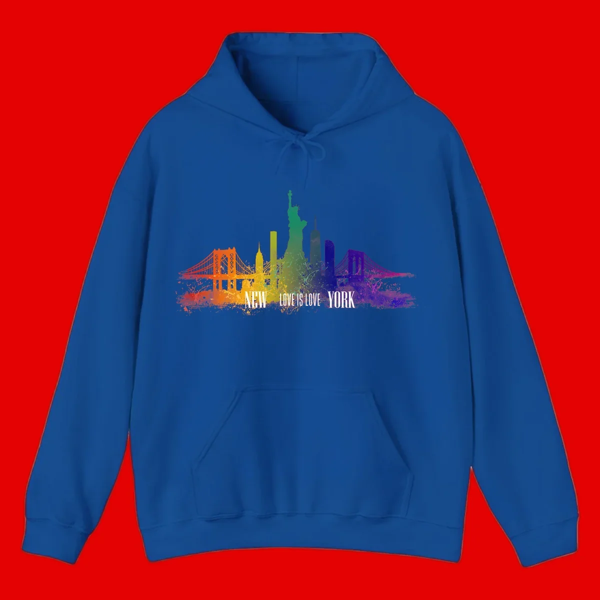 New York skyline with iconic landmarks rendered in rainbow watercolor gradients, featuring 'NEW LOVE IS LOVE YORK' text celebrating LGBTQ+ pride.