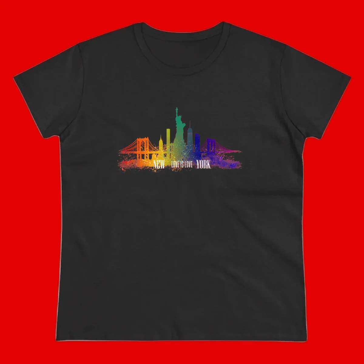 New York skyline with iconic landmarks rendered in rainbow watercolor gradients, featuring 'NEW LOVE IS LOVE YORK' text celebrating LGBTQ+ pride.