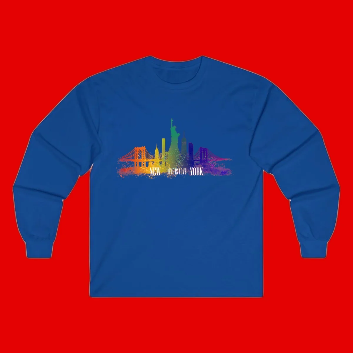 New York skyline with iconic landmarks rendered in rainbow watercolor gradients, featuring 'NEW LOVE IS LOVE YORK' text celebrating LGBTQ+ pride.