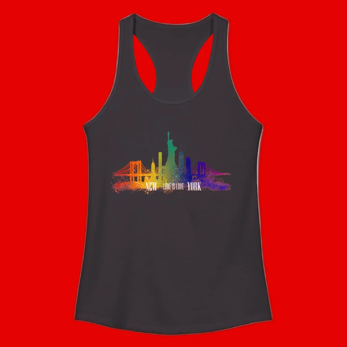 New York skyline with iconic landmarks rendered in rainbow watercolor gradients, featuring 'NEW LOVE IS LOVE YORK' text celebrating LGBTQ+ pride.
