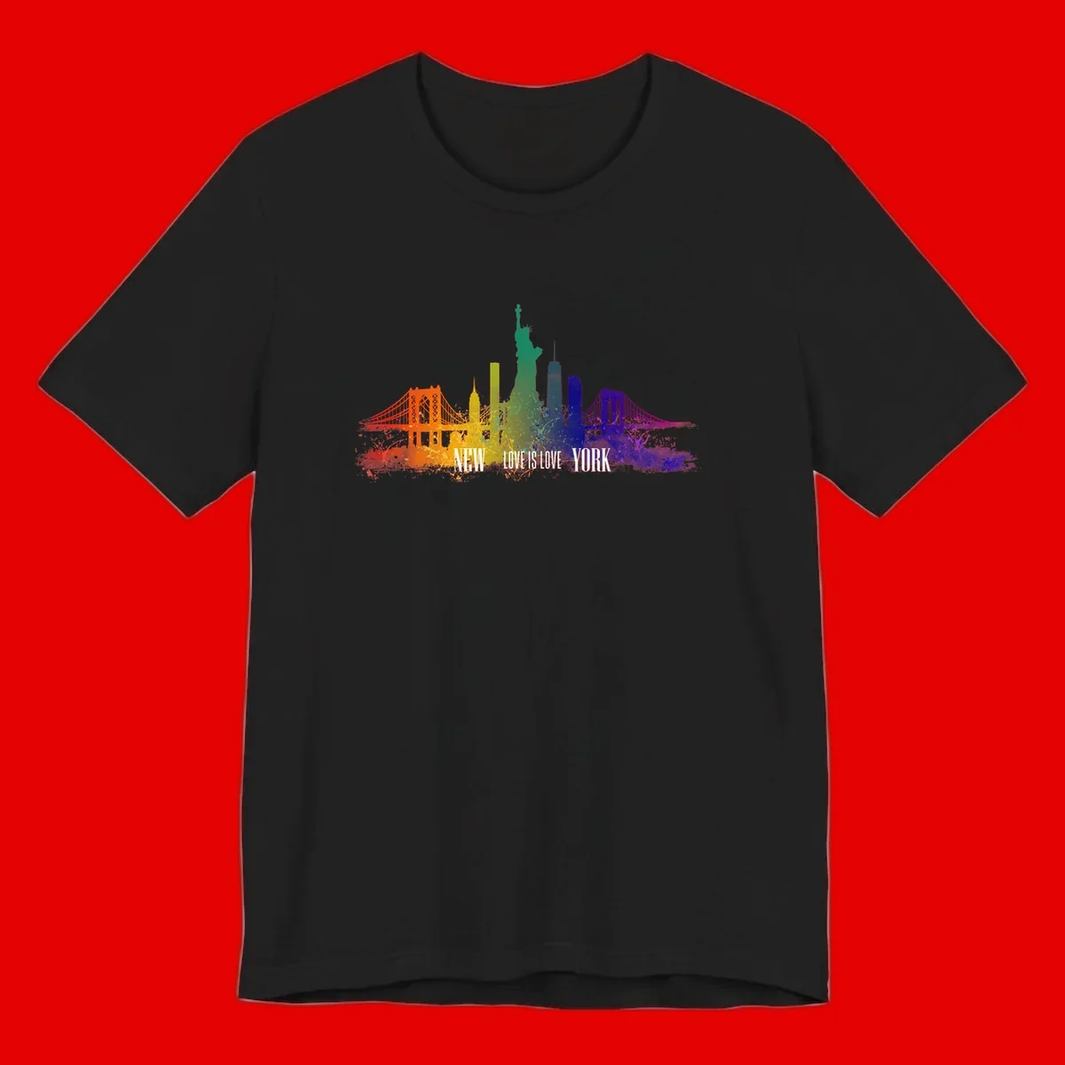 New York skyline with iconic landmarks rendered in rainbow watercolor gradients, featuring 'NEW LOVE IS LOVE YORK' text celebrating LGBTQ+ pride.