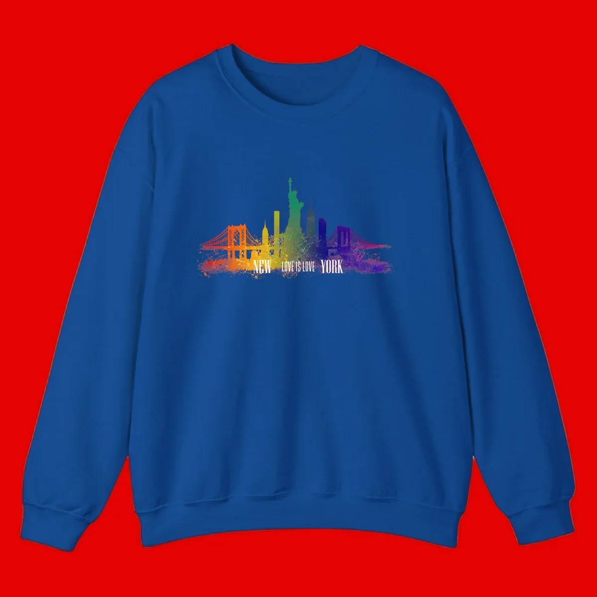 New York skyline with iconic landmarks rendered in rainbow watercolor gradients, featuring 'NEW LOVE IS LOVE YORK' text celebrating LGBTQ+ pride.