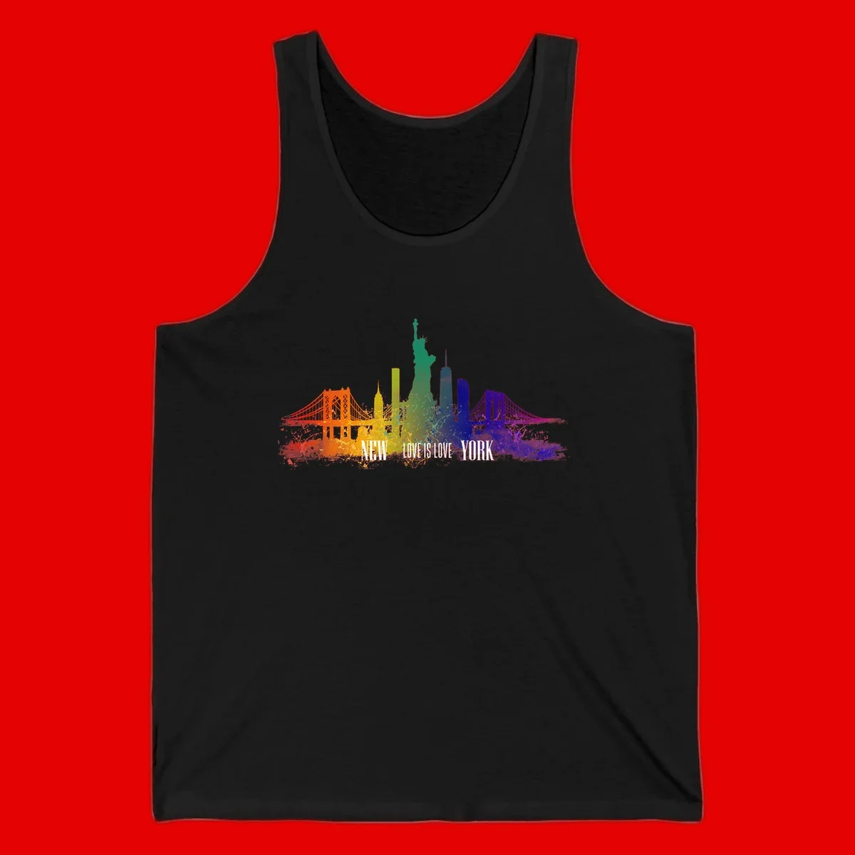 New York skyline with iconic landmarks rendered in rainbow watercolor gradients, featuring 'NEW LOVE IS LOVE YORK' text celebrating LGBTQ+ pride.