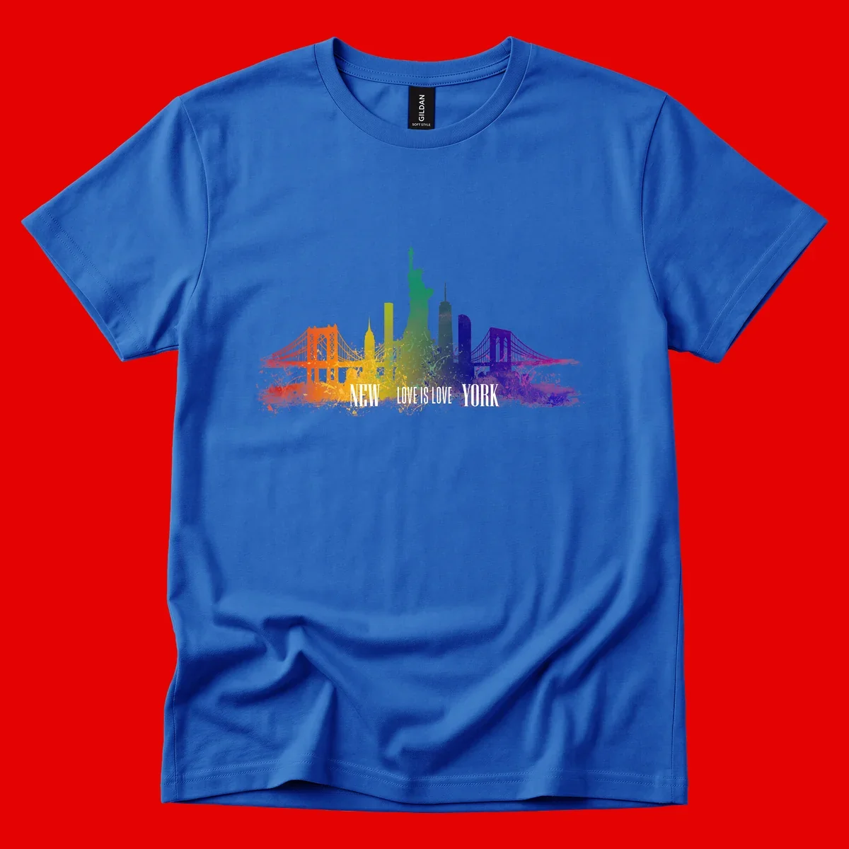 New York skyline with iconic landmarks rendered in rainbow watercolor gradients, featuring 'NEW LOVE IS LOVE YORK' text celebrating LGBTQ+ pride.